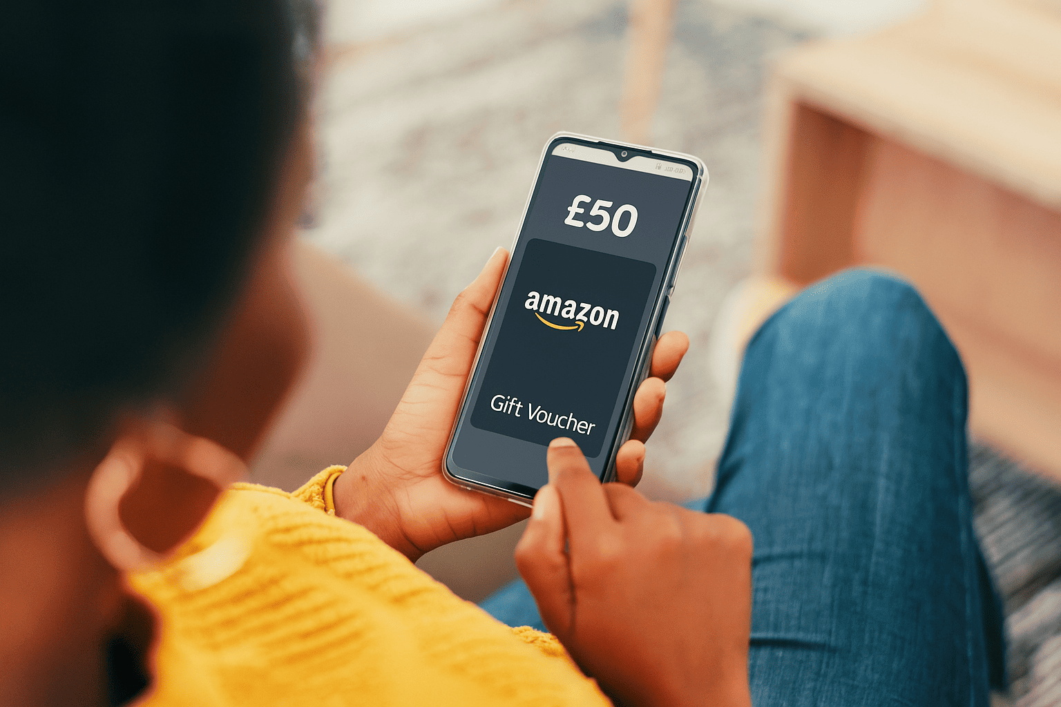 Woman looking at a £50 Amazon gift voucher on her phone