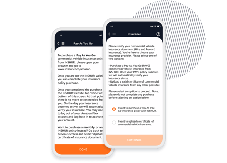 Amazon Pay as You Flex driver onboarding process as shown on a mobile phone