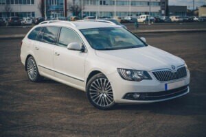 Budapest, Hungary, April 05, 2021: metallic white Skoda SUPERB COMBI 4x4