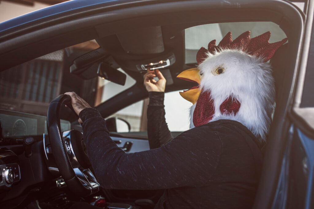 a man in a chicken mask driving