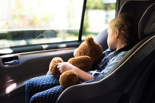 a child sits in the back seat of a car holding a cuddly teddy