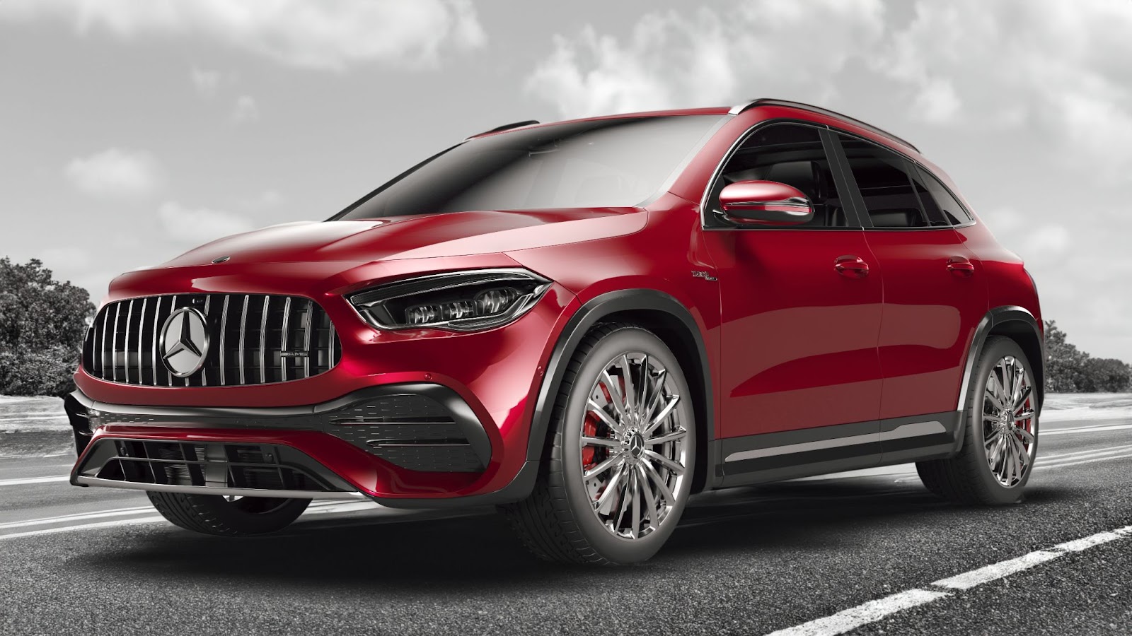 a red Mercedes Benz AMG GLA 35 SUV