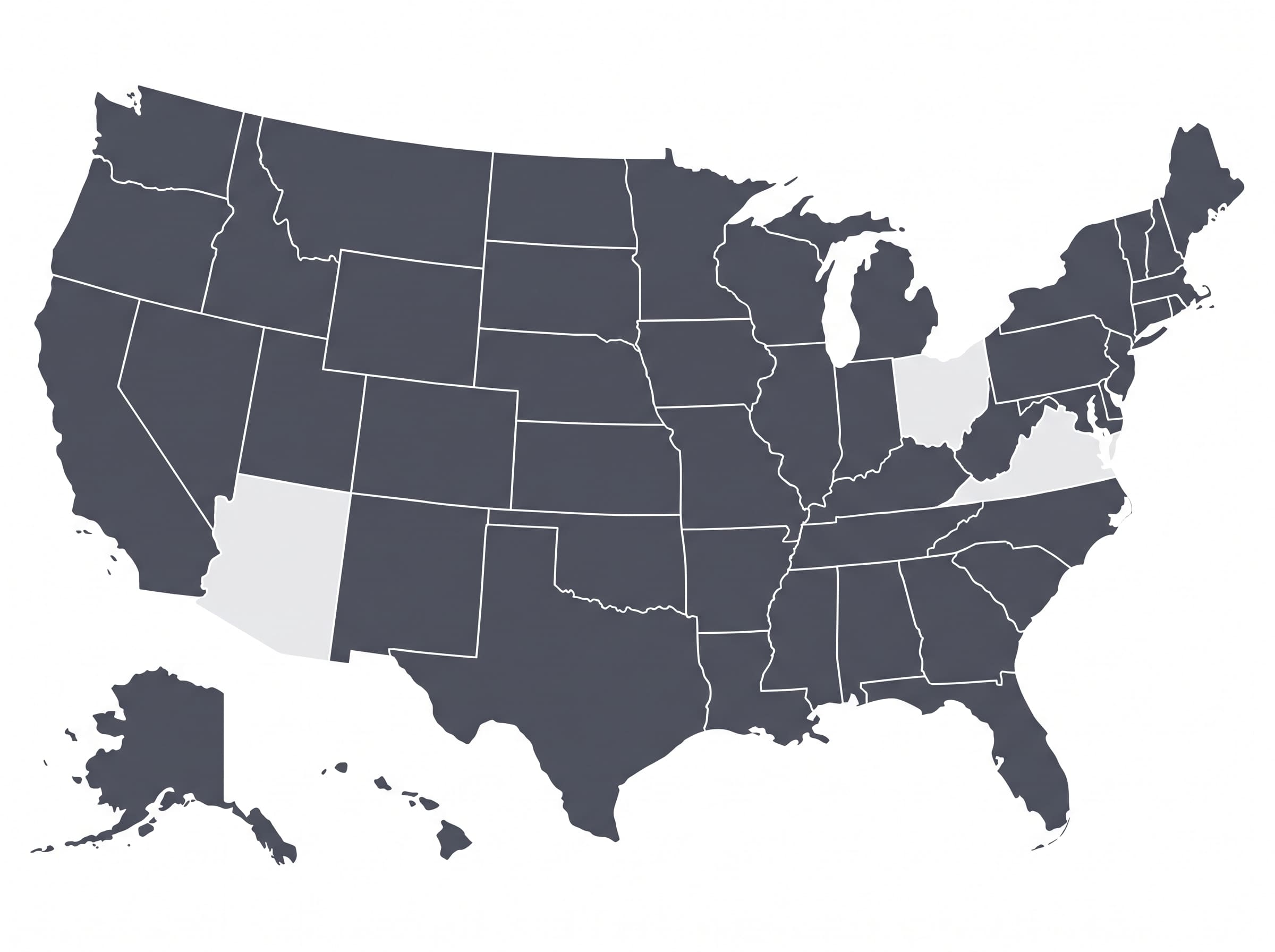 US map highlighting Arizona, Virginia, and Ohio