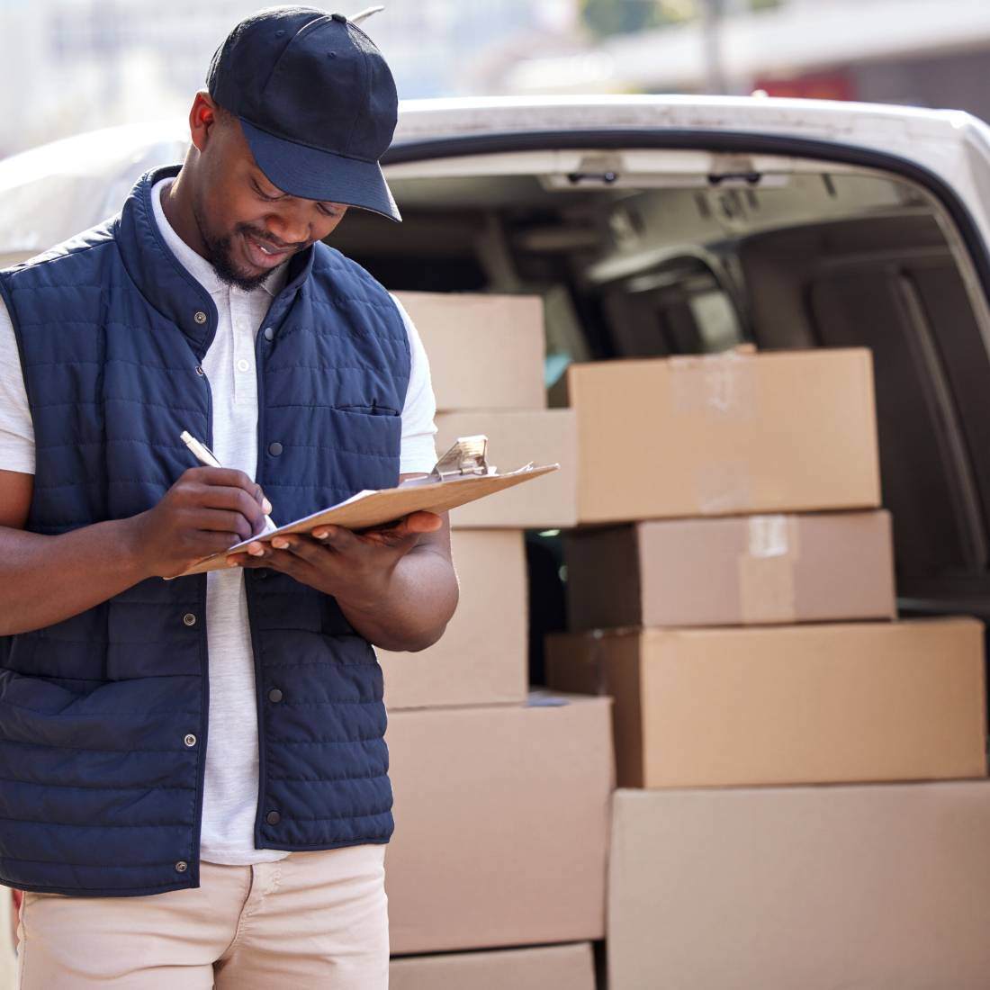 Man in blue jacket and hat checking off items on a clipboard