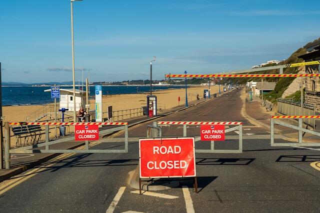 Road closed sign at boscombe beach