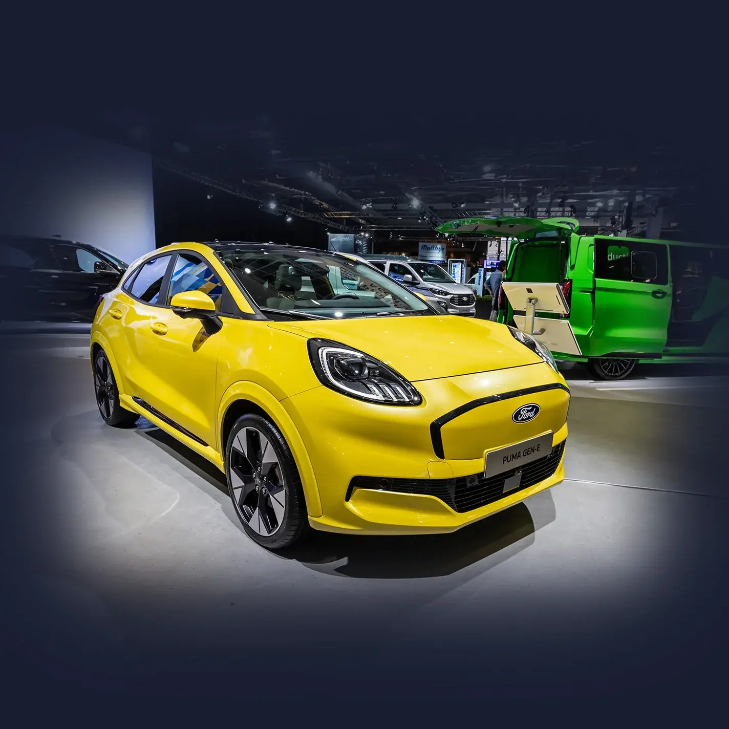 yellow Ford Puma Gen-E in a showroom