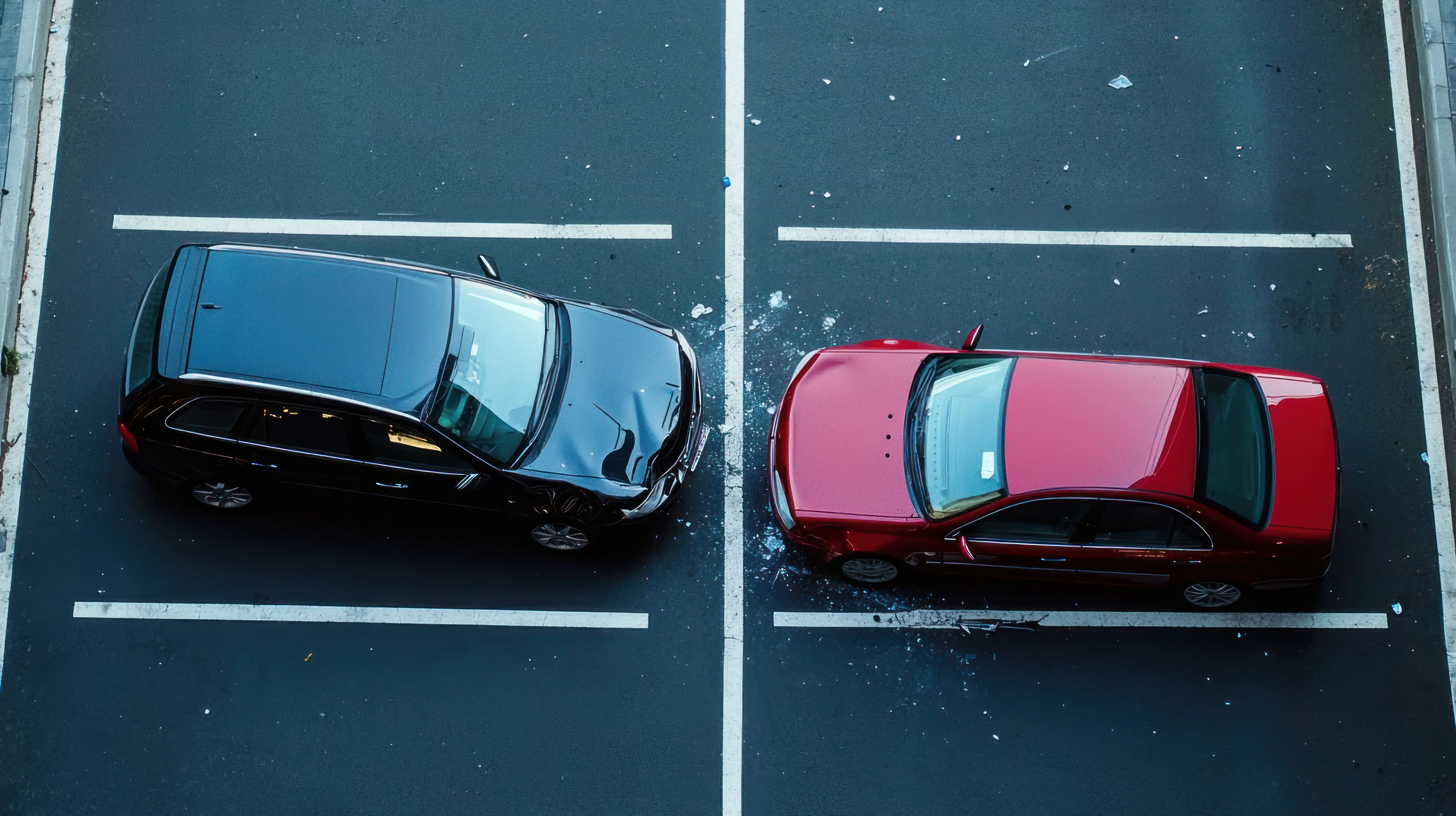 a black car and a red car in a head on crash in a car park 