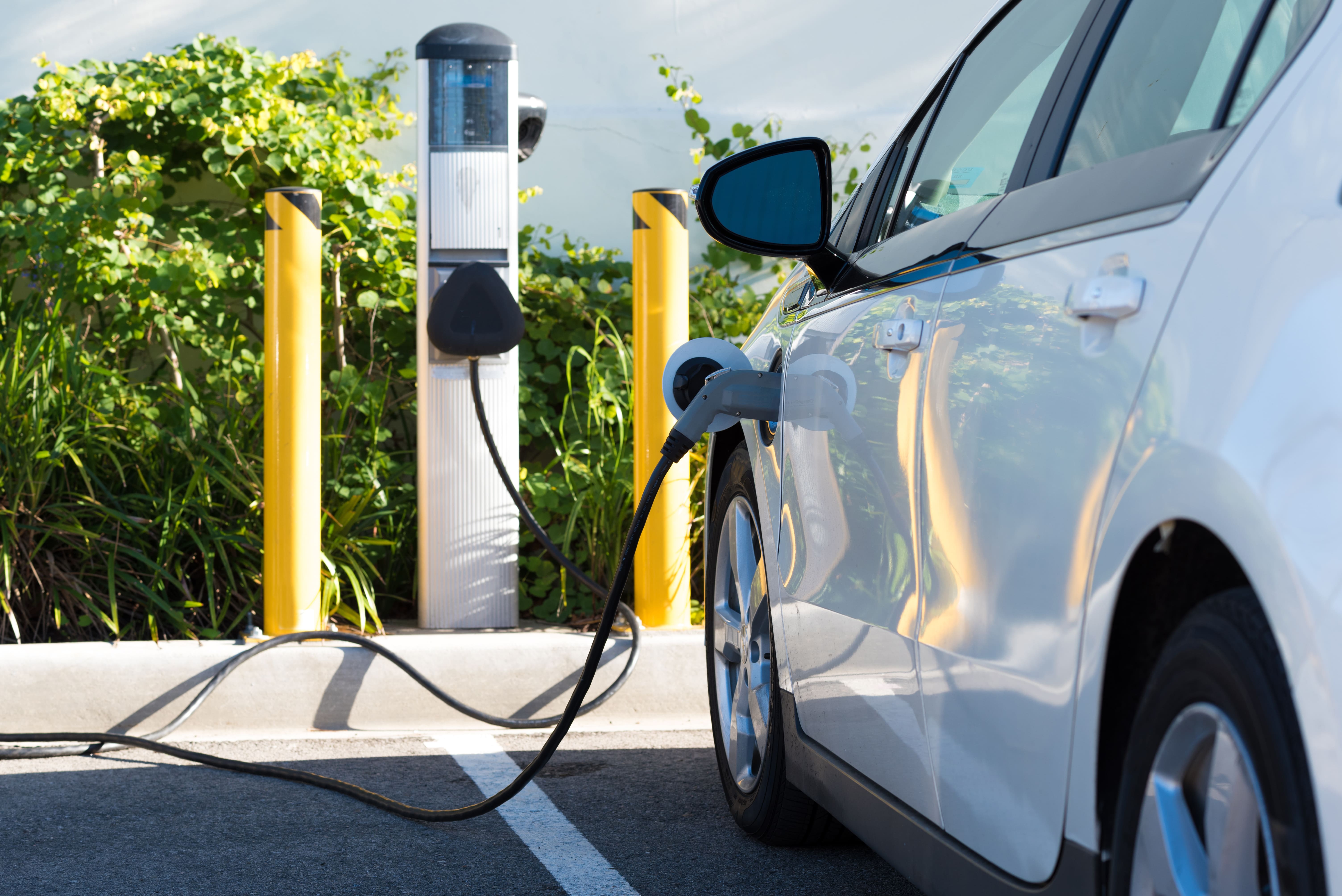 Close-up of a white electric car charging at a silver station with yellow safety bollards and green foliage in the background.