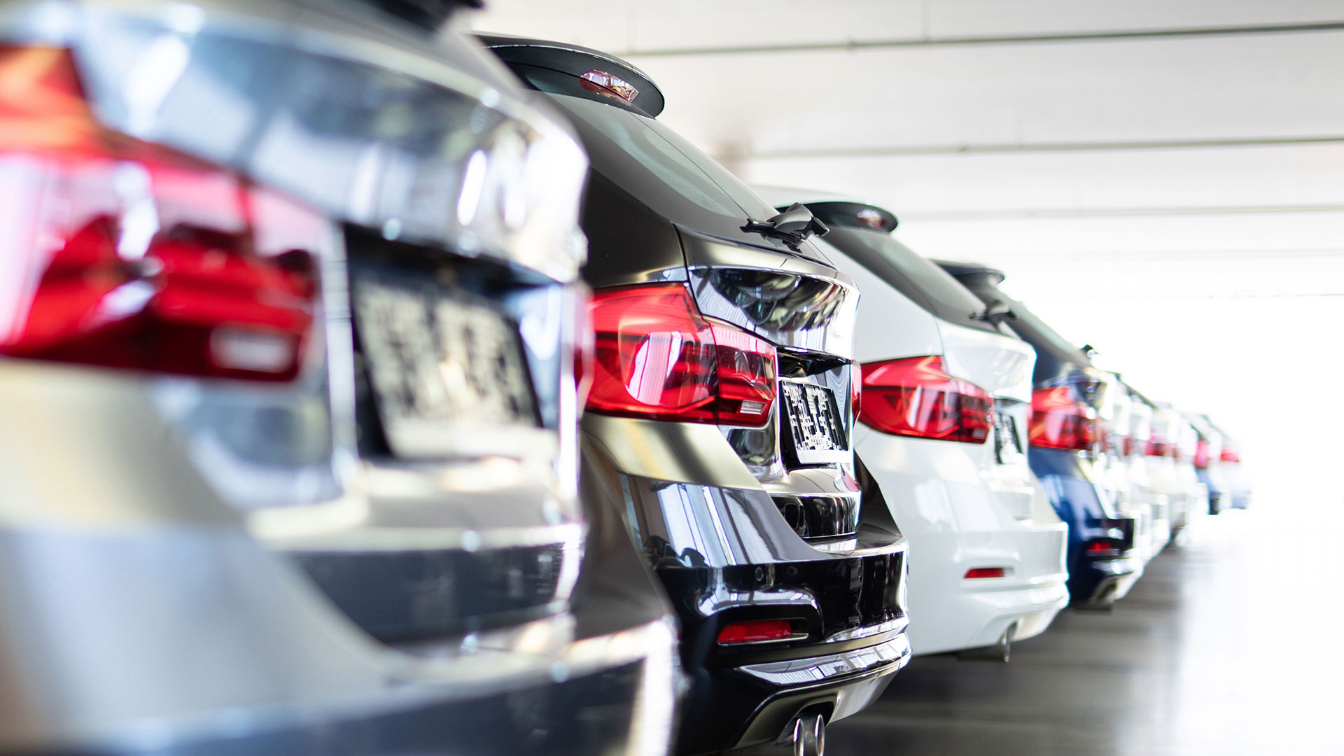 A line of cars seen close up from behind