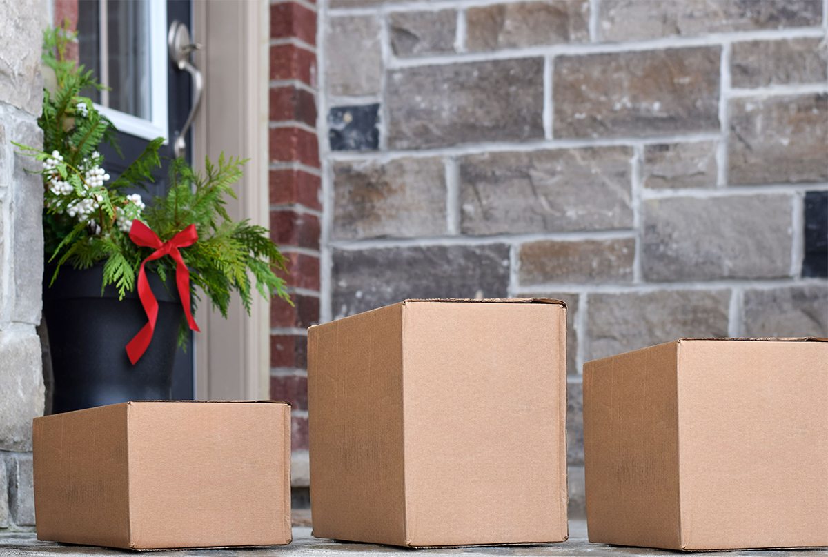 Delivery parcels on a doorstep at Christmas