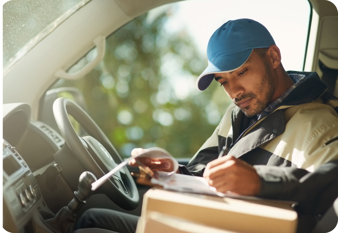 Driver in van writing on clipboard