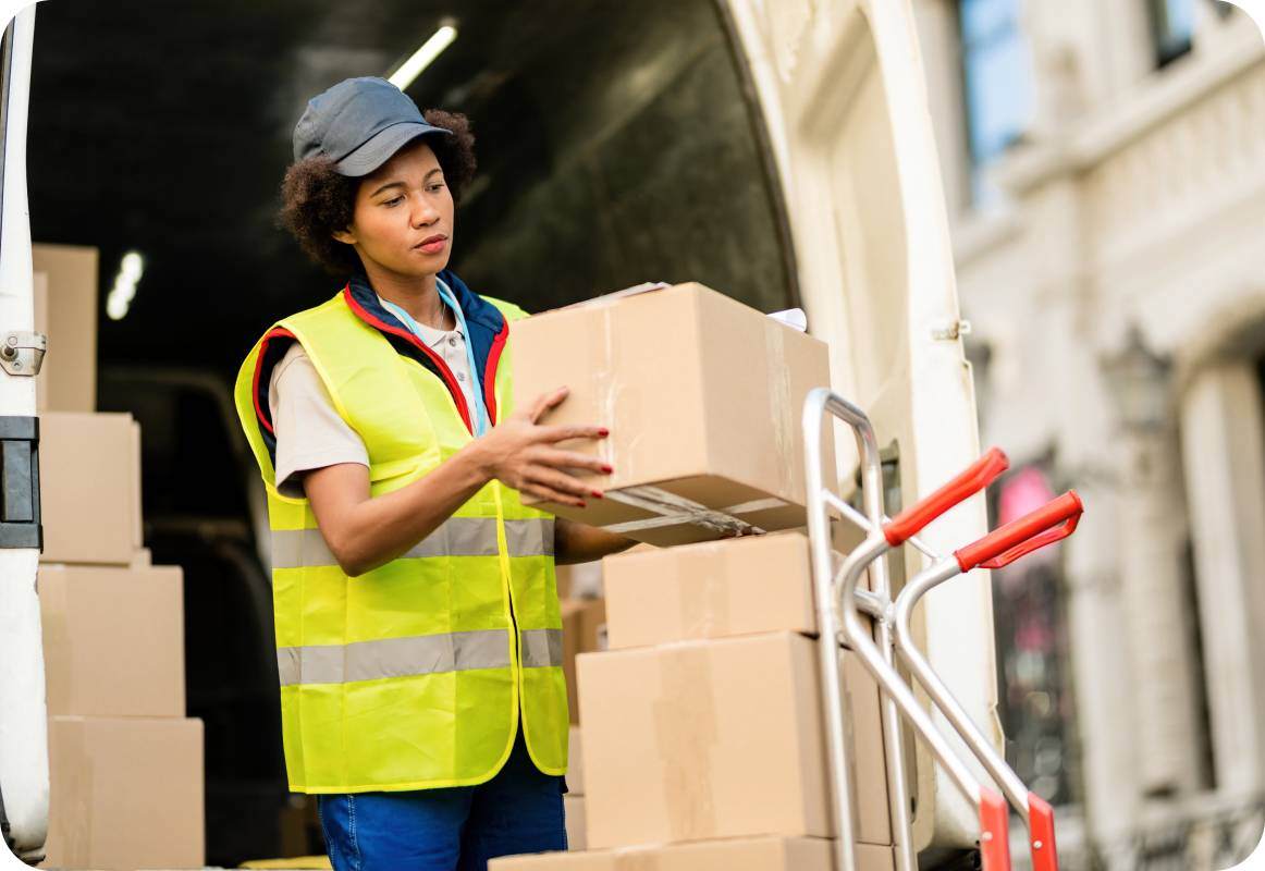 Courier in a high-vis jacket taking boxes out of van