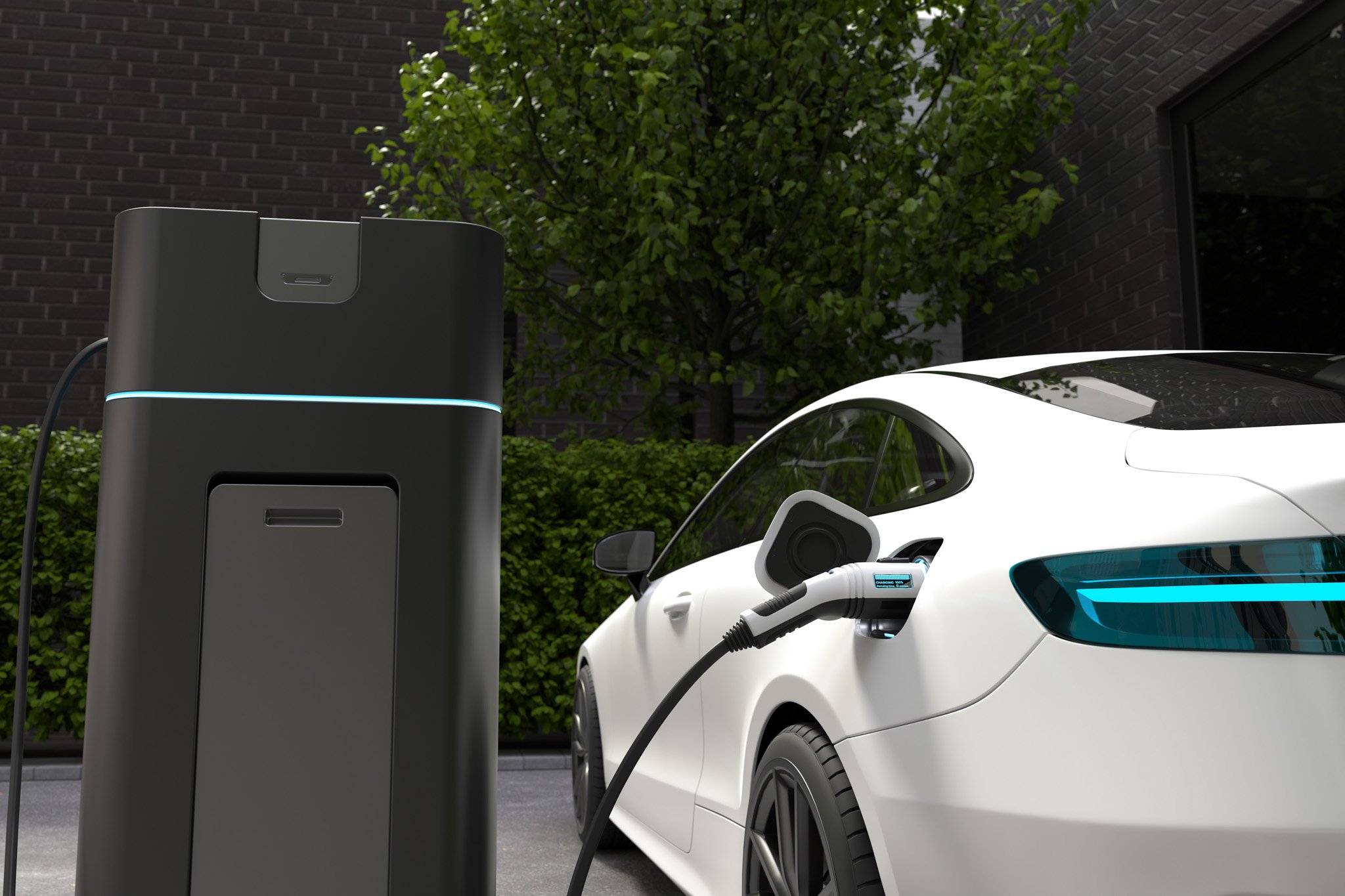 an electric car, or EV, plugged in and charging