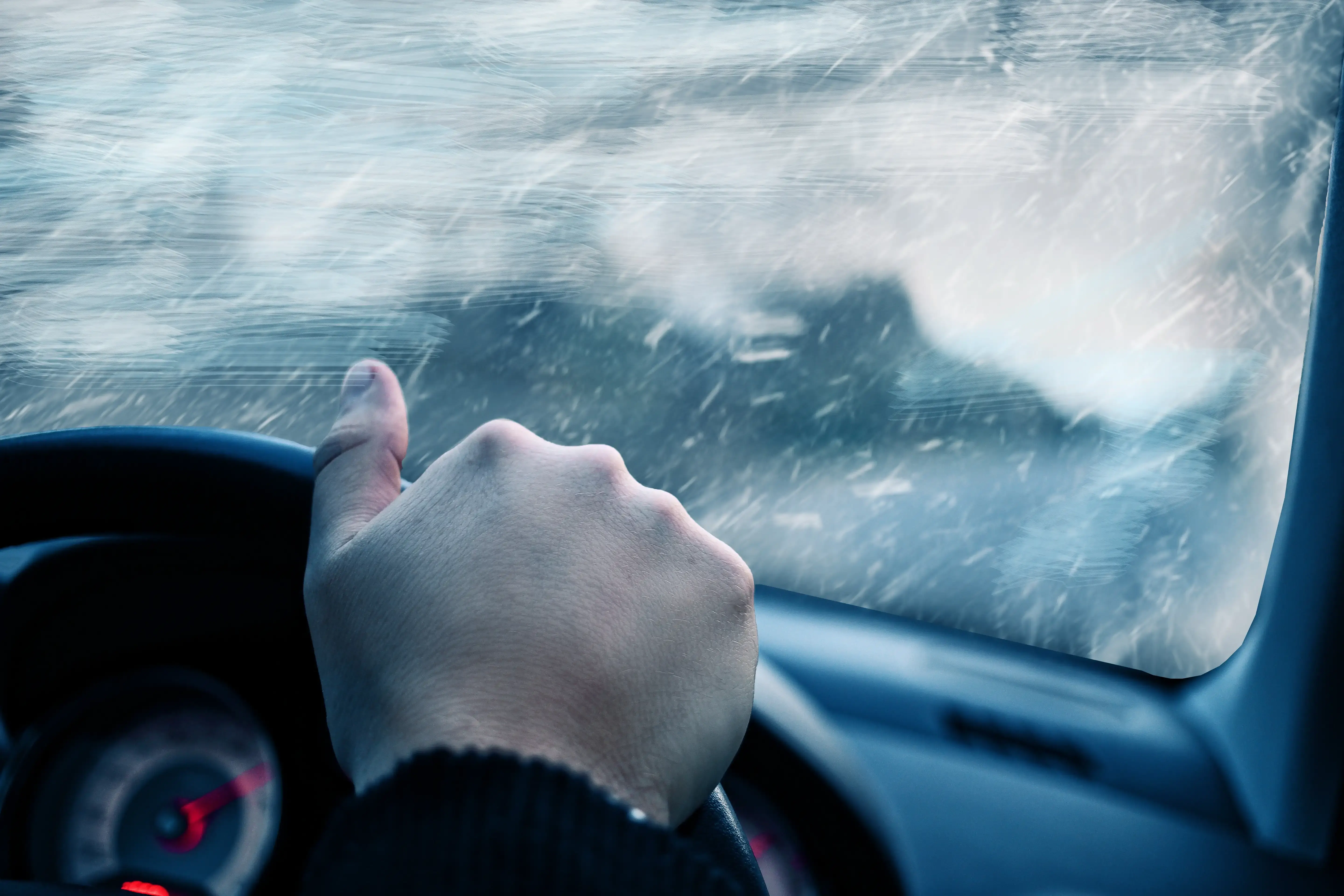 A driver's hand on the steering wheel during a storm