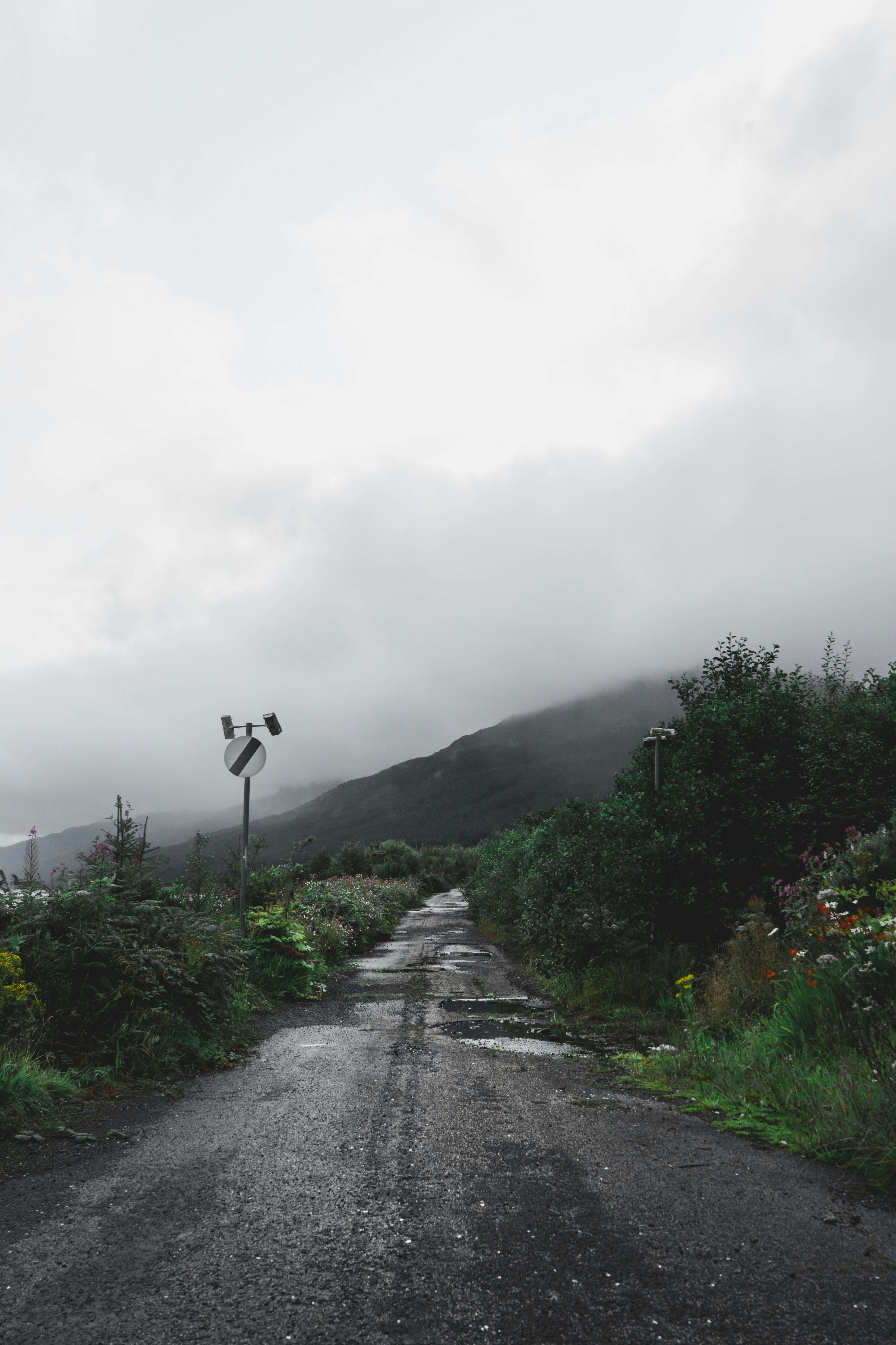 a road leading into the distance. The road is full of potholes and is in disrepair.