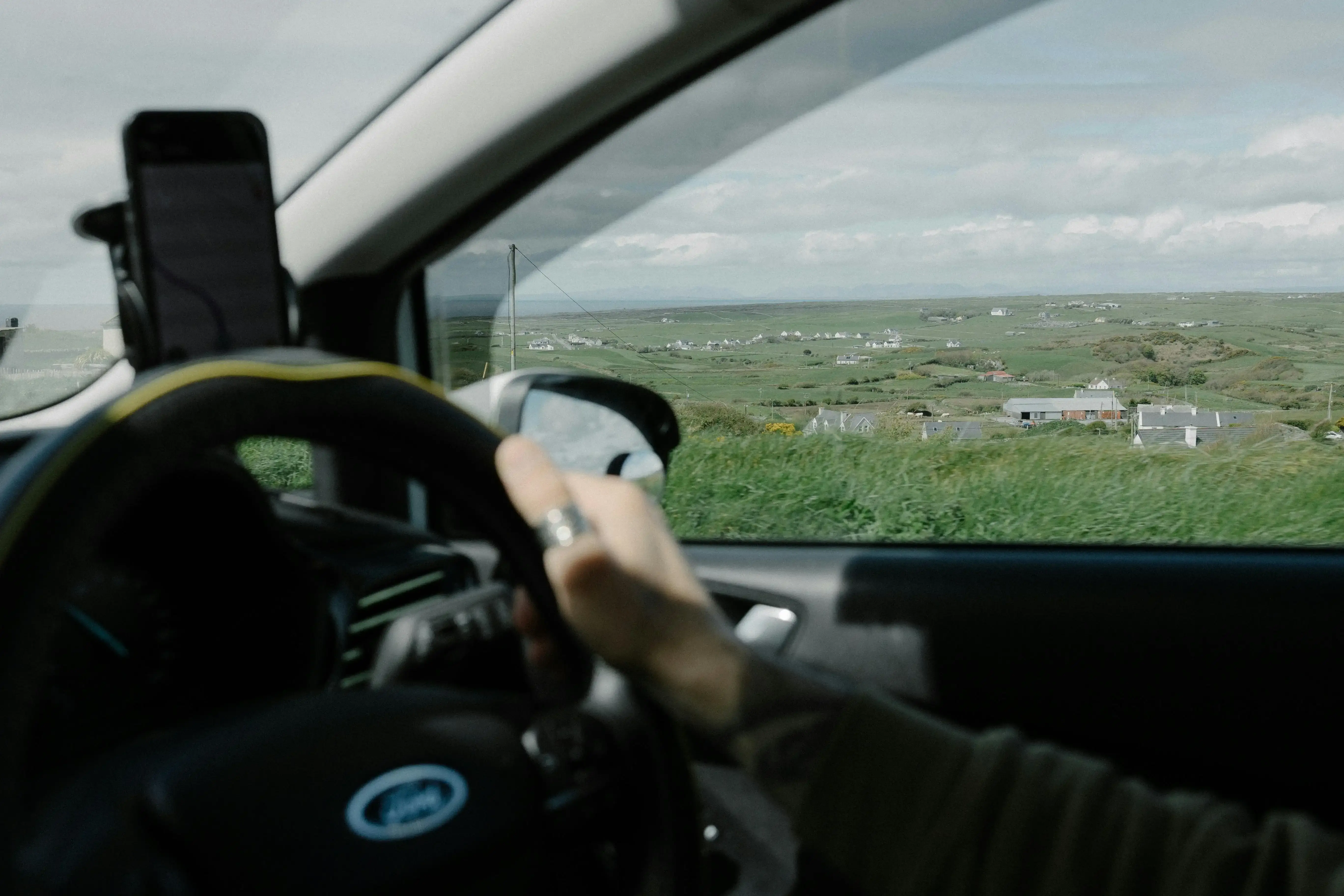 a hand on a steering wheel with a view of sheep in a field